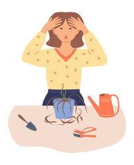 An upset girl looks at a withered houseplant. The flower in the pot is dry. Houseplant care and growing problems. Vector illustration in flat style on a white background