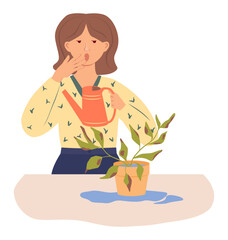 Surprised girl looks at a houseplant and holds a watering can in hands. Water flows out of the flower pot. Houseplant care and growing problems. Vector illustration in flat style on white background