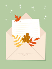 A piece of white paper and color autumn leaves sticks out of the envelope. Template for greeting card or invitation. Fall botanical vector illustration, flat style on a green background