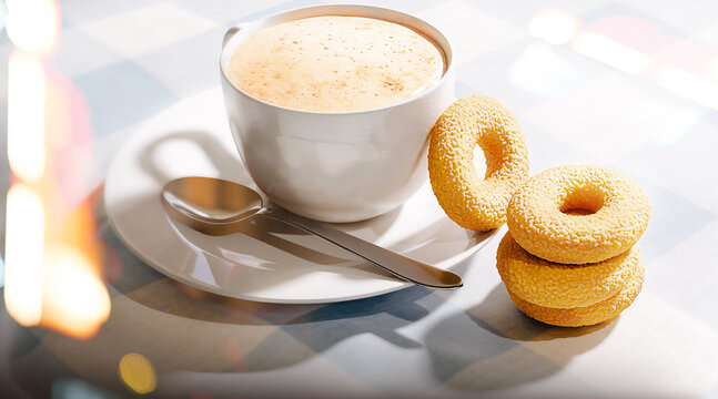 Breakfast coffee with donuts on table. 3d illustration. 3d rendering.