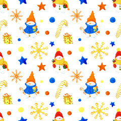 Seamless pattern. Christmas snowmen, snowflakes, candies, gifts, confetti on a white background. Watercolor illustrations. For holiday packaging, fabric and other design.