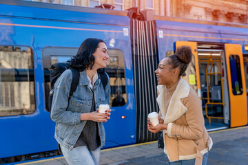 two women in a denim jacket is talking to each other, laughing, drinking coffee  and waiting for a tram at the stop Lifestyle photo