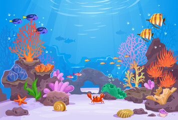 Fototapeta na wymiar Underwater life background. Сoral reef in an ocean with its inhabitants. Aquarium with colorful fish. Crab, starfish, shellfish and seaweed on the sea bottom. Cartoon style vector illustration.