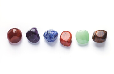 Set of healing minerals, gemstones and crystals isolated on white background