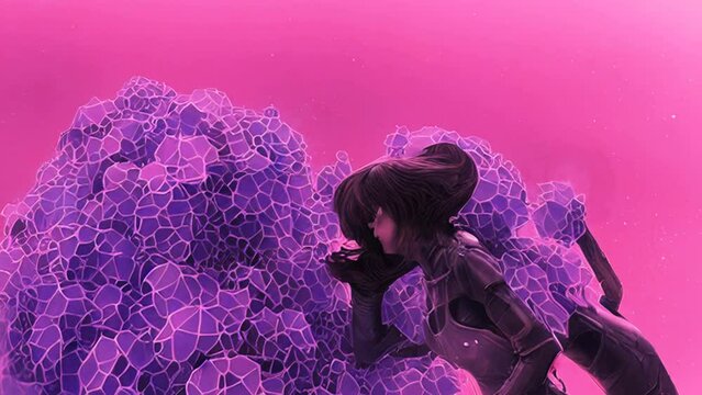 Animation Generative AI f dancing girls in space suits surounded by flowers, female robot retro sci fi drawing with woman face and bionic body. Digital image pink cyborgs