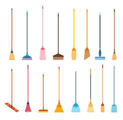 Naklejka premium Broom mop icons. Hygiene handling equipments objects illustration, household mop and housework broom tools isolated on white background