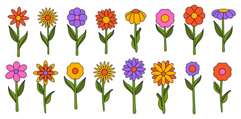 Collection of simple blooming flowers in 1970s psychedelic hippie style. Set of graphic stickers in retro design. groovy background. editable stroke isolated vector illustration