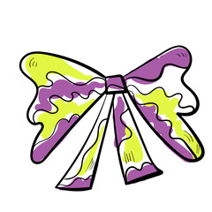 Doodle yellow purple ribbon illustration. Colourful celebration line art icon on white background.