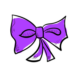 Doodle purple ribbon illustration. Colourful celebration line art icon on white background.