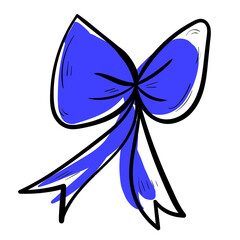 Doodle blue ribbon illustration. Colourful celebration line art icon on white background.
