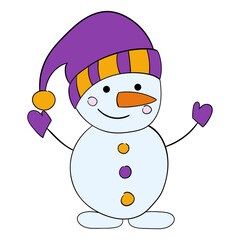 Cute cartoon snowman in a purple hat with a scarf. Vector illustration