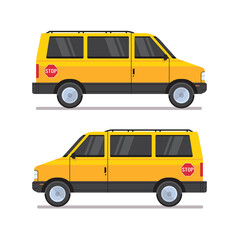 Yellow school bus transport and back to school pupils children transport concept horizontal flat illustration.	
