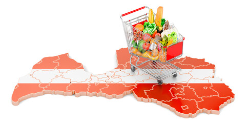 Purchasing power in Latvia concept. Shopping cart with Latvian map, 3D rendering