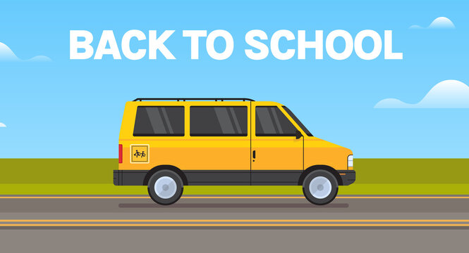 Yellow school bus transport and back to school pupils children transport concept horizontal flat illustration.	
