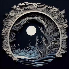 multi dimensional paper cut craft, paper illustration, tunnel, ornate, vine,  detailed, the moon over the ocean