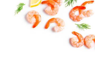 Shrimps with lemon and dill isolated on white background