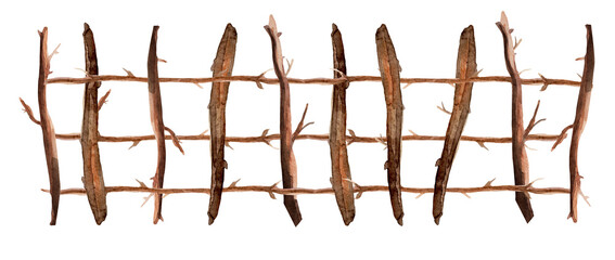 Fence, fence made of tree branches watercolor illustration. Template for decorating designs and illustrations.

