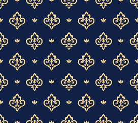 Flower geometric pattern. Seamless vector background. Gold and dark blue ornament. Ornament for fabric, wallpaper, packaging. Decorative print