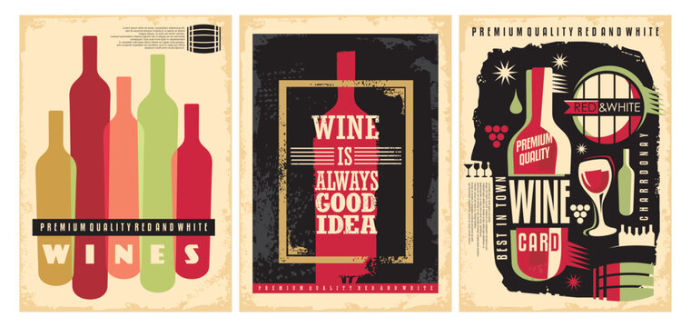 Wine posters set on old paper texture. Retro wines flyers. Vector drinks illustration.