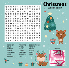 Christmas word search puzzle with answer. Game for learning English. Printable worksheet for children about winter holidays. Educational crossword game. Funny cartoon animals. Vector illustration.