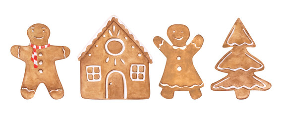 Set of 4 Gingerbread clipart. Watercolor gingerbread cookies isolated on a white background. Holiday illustration. Cute Christmas gingerbread man, house, and tree with icing decoration.