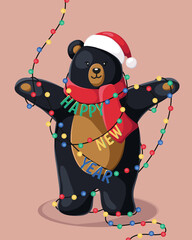 Happy New Year and Merry Christmas. Christmas bear with New Year. Illustration withchristmas lights. Christmas card. Vector.