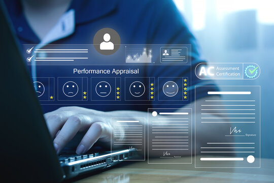 Assessment Certificate Concept. Business Success Assessments, Quality Individuals In Organization, Recommendations, And Credibility Certification. HR Uses Laptop Computer To Score And Verify Employee.