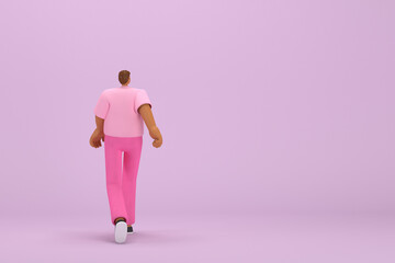 Fototapeta na wymiar The black man with pink clothes. He is walking. 3d rendering of cartoon character in acting.