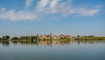 Panoramic view at the medieval City of Mantova (Mantua) with Lake (Lago di Mezzo) - Italy