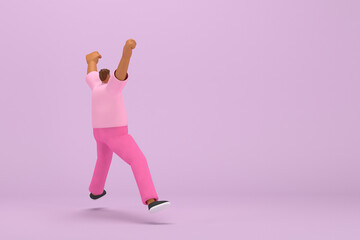 The black man with pink clothes.  He is jumping. 3d rendering of cartoon character in acting.