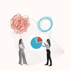 Contemporary art collage. Creative design. Team leader helping young employee to manage with...