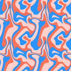 1970 liquid marble seamless pattern. Red blue wavy swirl texture. Groovy trippy distort psychedelic background.