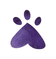 A cat's paw print is purple. Watercolor illustration of a cat's paw, isolated on transparent background. Clipart for the design of postcards, printed products, animal products.