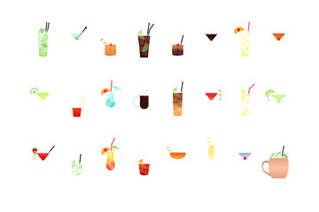 Most popular alcoholic cocktails part 1, icons set in flat style isolated PNG