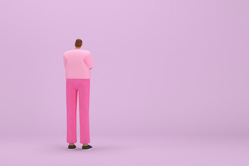 The black man with pink clothes.  He is expression  of body and hand when talking. 3d rendering of cartoon character in acting.
