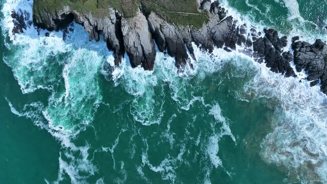 Orion Whale. Aerial view from a drone of the coastal landscape in La Ballena in the surroundings of the coastal town of Sonabia, Castro Municipality, Cantabrian Sea, Cantabria, Spain, Europe