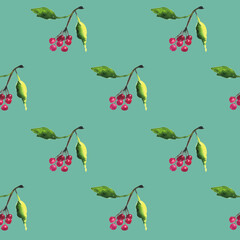 Red abstract berries on branch with green leaves in seamless pattern on green background. Watercolor hand drawing illustration. Wet aquarelle style. Perfect for digital paper, textile, wallpaper.