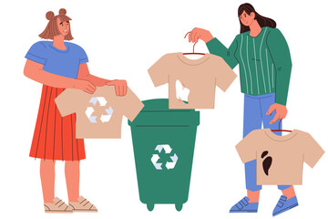 Sorting garbage for reuse materials eco environment friendly concept. Textile reuse and recycling of used clothes, flat vector illustration isolated on white background.