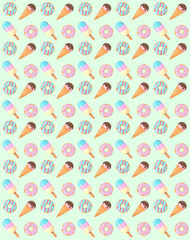 Pattern with sweets and ice cream, cupcakes on a light green background. Pattern for birthday. Phone background. Sweet pattern. Wrapping paper.