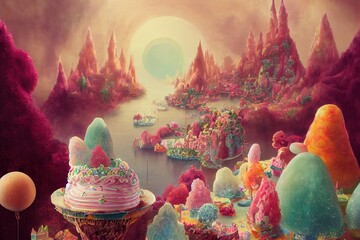 Fantasy sweet land with birthday cake