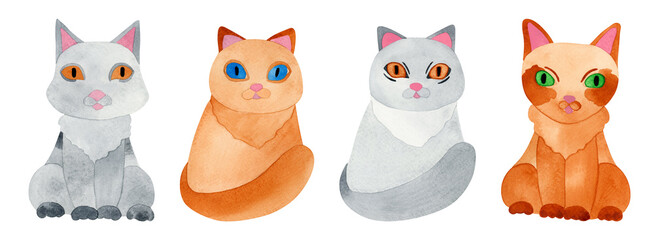 A set of watercolor cats hand drawn. Watercolor illustration of animals, isolated on transparent background.