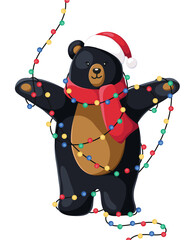 Happy New Year and Merry Christmas. Christmas bear with New Year. Illustration withchristmas lights. Christmas card. Vector.