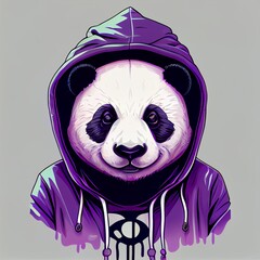 Fototapety  cut vector panda bear with purple head hood, jacket, purple pants, dramatic lighting, portrait, intricate details, flat colour