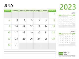July 2023 year, Calendar planner 2023 template, week start on Sunday, Desk calendar 2023 design, simple and clean design green background, Wall calendar, Corporate design planner template vector