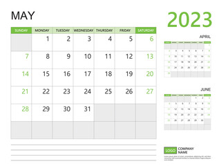 May 2023 year, Calendar planner 2023 template, week start on Sunday, Desk calendar 2023 design, simple and clean design green background, Wall calendar, Corporate design planner template vector