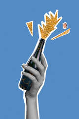 Photo artwork minimal picture of arm rising champagne bottle celebrating x-mas isolated drawing...