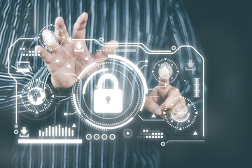 cyber security concept Man's hand using a smartphone showing a padlock icon to show that the smartphone is protected from hackers from hacking, logging in. online trading or use of social media