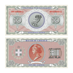 Vector gaming banknotes. The inscriptions in Greek mean, above - Bank of Greece, below - ten drachmas. Obverse and reverse of paper money