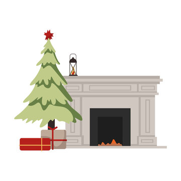 Fireplace, Christmas icon classic home fireplaces, flat vector illustration isolated on white background. Set of stone and brick chimneys with fire in the hearth.