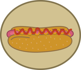 Fresh hot dog with juicy sausage and soft bun. Vector image of a hot dog sprinkled with ketchup and mustard.